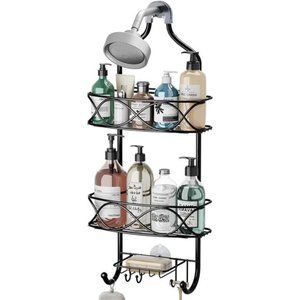 Hanging Shower Caddy Over Shower Head, Black Rust Proof Metal Large Organizer